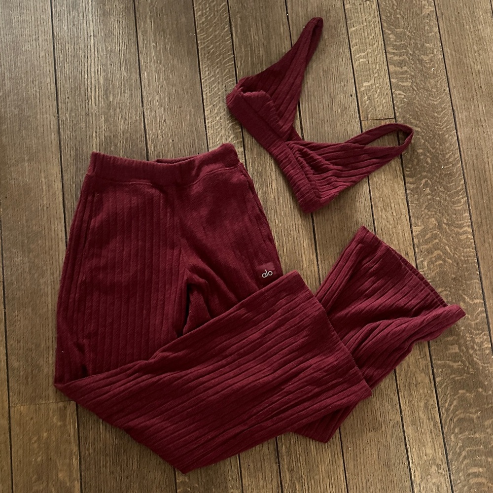 Alo Yoga "Take Comfort" Ribbed Bralette & Pants Set in Wine